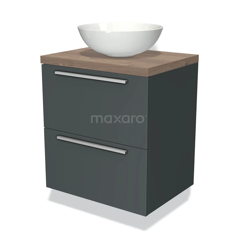 Badmöbel für Aufsatzwaschbecken 60cm Modulo Plato Dunkelgrau 2 Schubladen Flach Mittelbraune Eiche Platte BMK17-00789 Dunkelgrauer Badschrank mit Waschbecken, Holzlook Platte und porzellanartiger Aufsatzschale, modernes Design mit verchromten Haltegriffen.