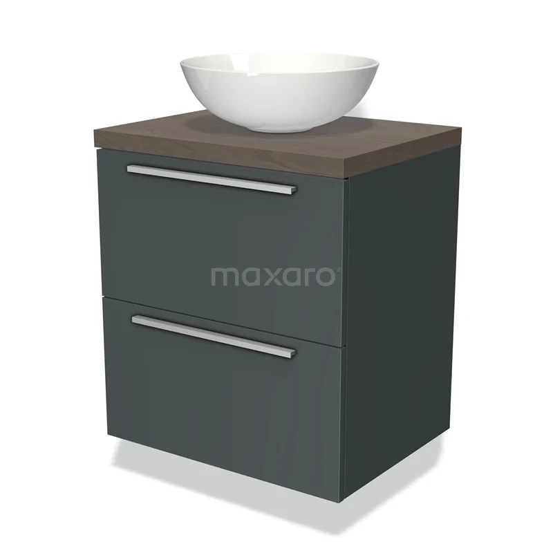 Badmöbel für Aufsatzwaschbecken 60cm Modulo Plato Dunkelgrau 2 Schubladen Flach Dunkelbraune Eiche Platte BMK17-00792 Graue Badmöbelset mit Holzplatte und weißem schalenförmigen Aufsatzwaschbecken, ideal für moderne Badezimmergestaltung.
