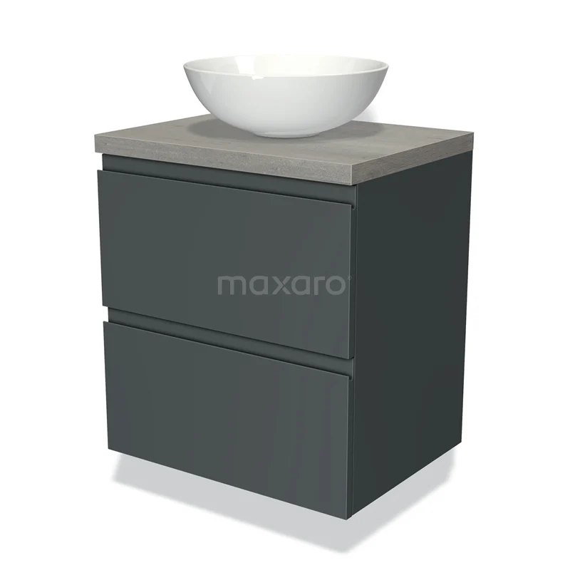 Grey bathroom cabinet with concrete-look worktop and white round countertop wash basin, compact design with two drawers for practical storage space.