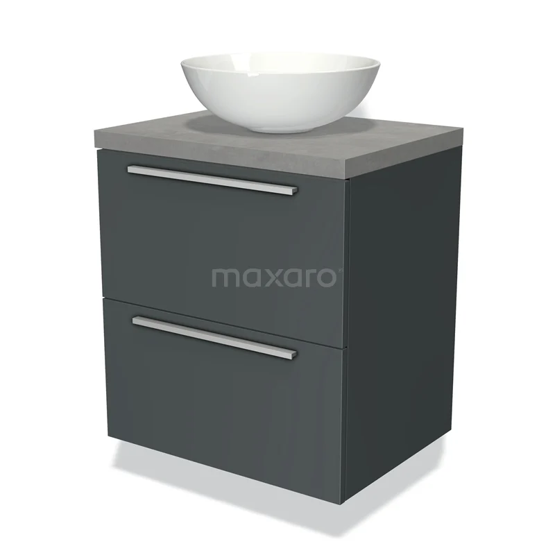 Dark grey bathroom furniture set with drawers, modern design, two drawers and ceramic countertop wash basin; ideal for stylish bathrooms.