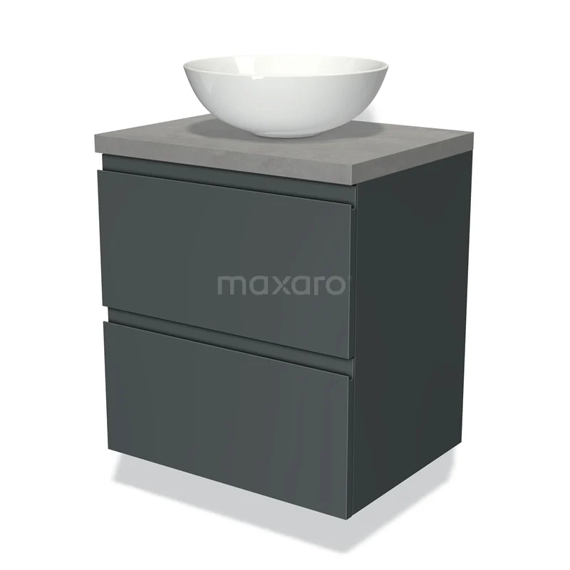 Dark grey bathroom furniture set with two drawers, concrete-look basin worktop and white round countertop wash basin, modern and compact design.