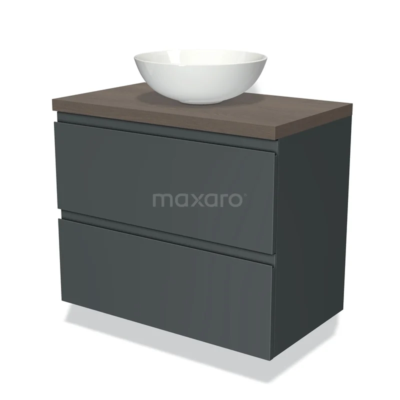 Dark grey wooden bathroom cabinet with two drawers and a white ceramic countertop wash basin, modern style.