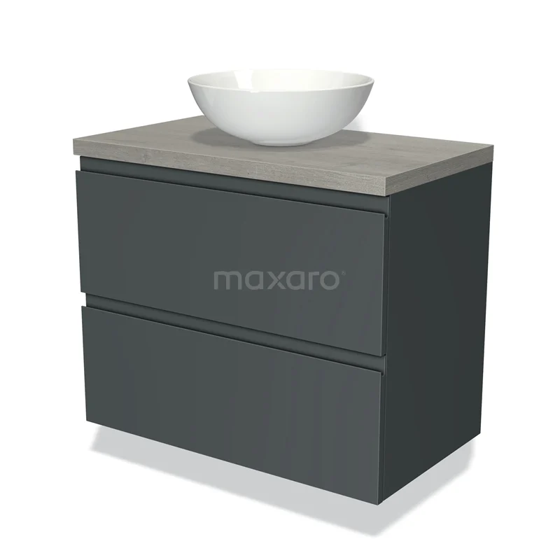 Grey bathroom cabinet with concrete worktop, white round countertop wash basin, clean lines, ideal for a modern bathroom style.