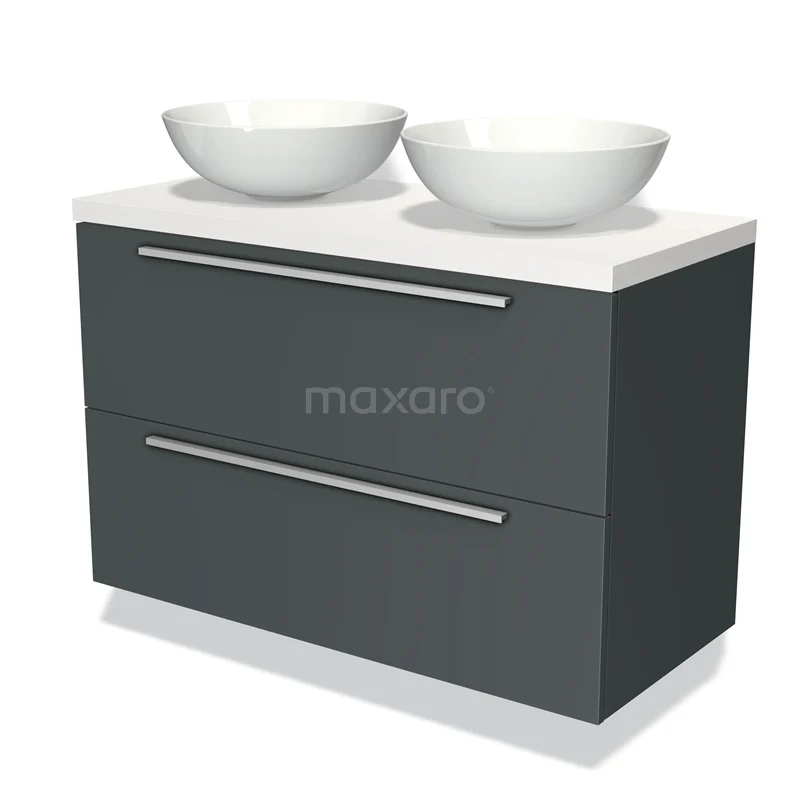 Grijze badkamermeubelset met twee keramische witte waskommen en een strak design, perfect voor een moderne badkamer.