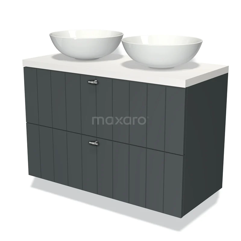 Antraciet badmeubel met dubbele witte wastafels, moderne afwerking en verticale groeven, ideaal voor een stijlvolle badkamer.