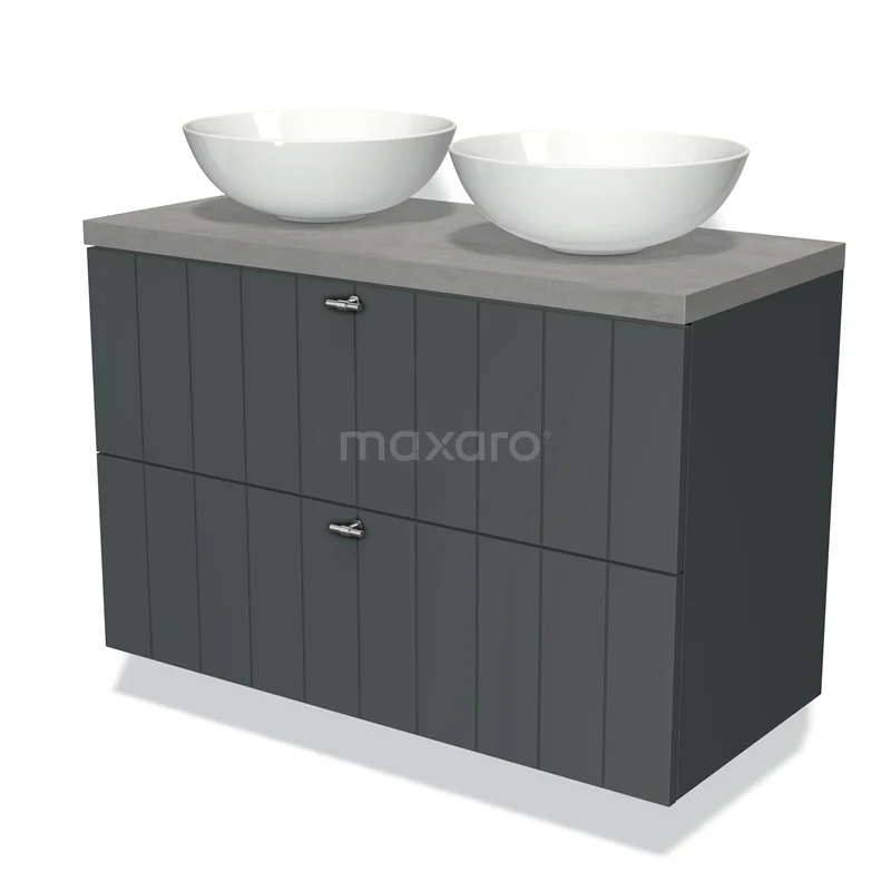 Grijze dubbele wastafelmeubel met witte waskommen, modern paneeldesign; ideaal voor stijlvolle badkamers.