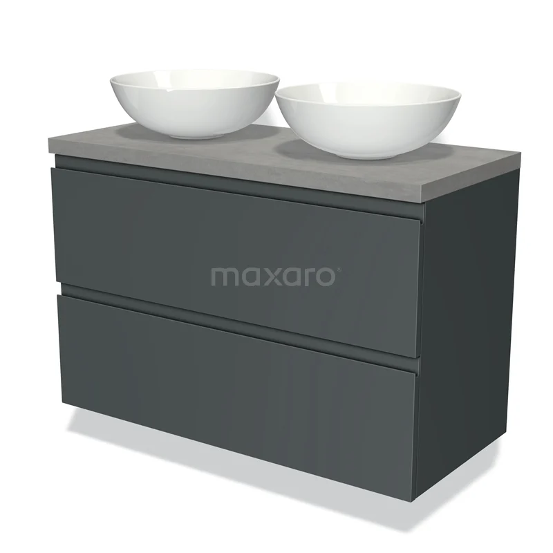 Grijze badmeubelset met twee witte wastafelkommen, strak design, geschikt voor moderne badkamers.