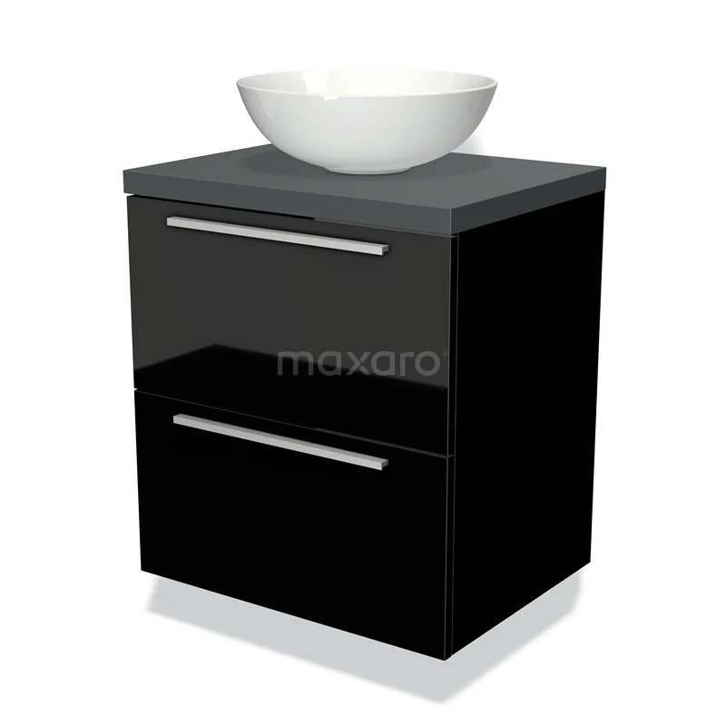 Zwarte badkamermeubelset met glazen wastafelblad en ronde witte waskom, modern design met twee lades voor opbergruimte.