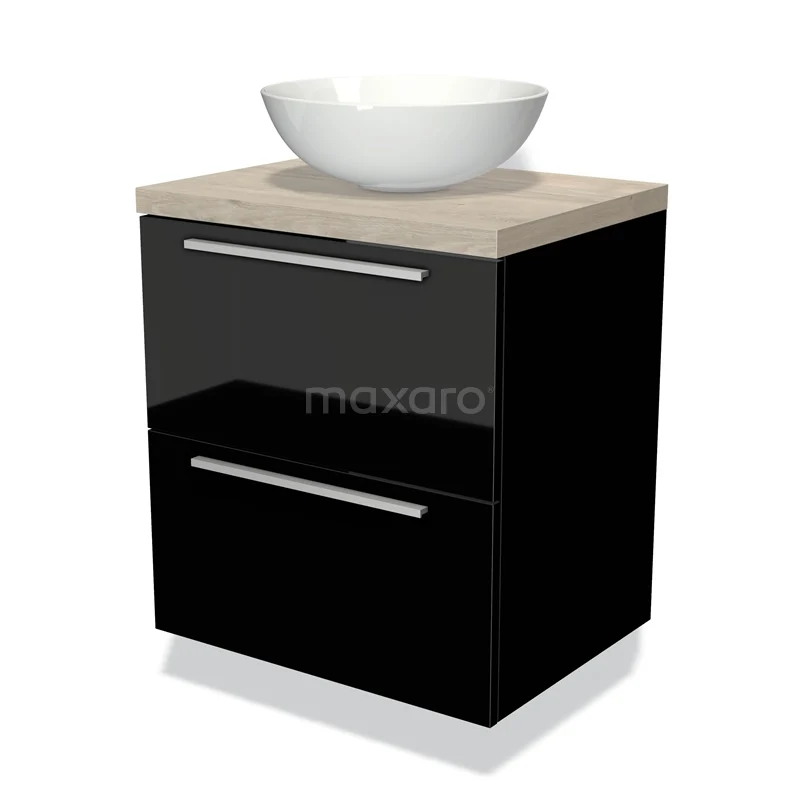 Zwart hoogglans badkamermeubel met houtlook blad en witte waskom, modern design met twee opberglades.