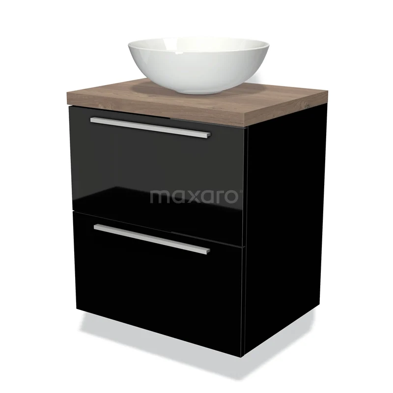 Waschtischunterschrank mit Konsole 60cm Modulo Plato Hochglanz Schwarz 2 Schubladen Flach Mittelbraune Eiche Platte BMK17-00945 Schwarzes Badmöbel mit holzfarbener Platte und rundem weißen Aufsatzwaschbecken, modernes Design, ideal für kleine Bäder.