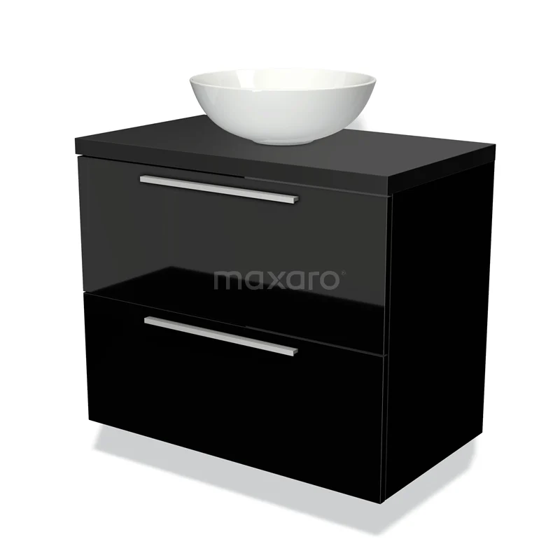 Waschtischunterschrank mit Konsole 80cm Modulo Plato Hochglanz Schwarz 2 Schubladen Flach Matt Schwarz Platte BMK17-00960 Schwarze Badmöbelset mit glänzender Oberfläche, zwei Schubladen und einem weißen, schalenförmigen Waschbecken; modernes und elegantes Design.
