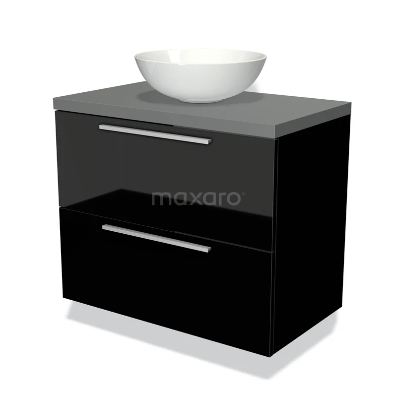 Waschtischunterschrank mit Konsole 80cm Modulo Plato Hochglanz Schwarz 2 Schubladen Flach Mittelgrau Platte BMK17-00963 Schwarzes Badmöbel mit grauer Platte, weißem runden Aufsatzwaschbecken und chromfarbenen Haltegriffen, modernes und stilvolles Design.