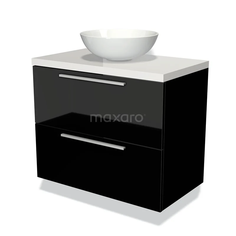 Waschtischunterschrank mit Konsole 80cm Modulo Plato Hochglanz Schwarz 2 Schubladen Flach Hochglanz Weiß Platte BMK17-00966 Schwarzes glänzendes Waschtisch mit weißer runder Schüssel, modernes Design, ideal für stilvolle Bäder.