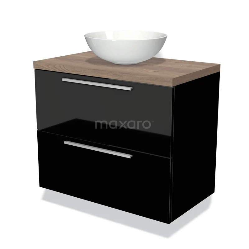 Zwart badkamermeubel met glanzende lades, houten blad en ronde witte waskom, ideaal voor een moderne badkamerstijl.