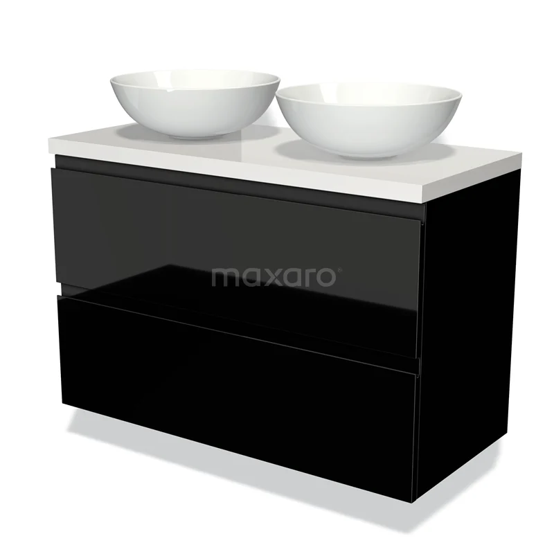 Badmöbel für Aufsatzwaschbecken 100cm Modulo Plato Hochglanz Schwarz 2 Schubladen Grifflos Hochglanz Weiß Platte BMK17-01007 Schwarz glänzendes Badmöbel mit doppelten weißen Aufsatzwaschbecken, schnörkelloses Design und moderner Ausstrahlung.