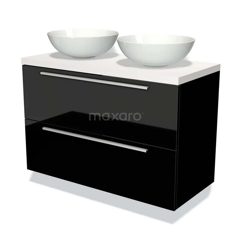 Badmöbel für Aufsatzwaschbecken 100cm Modulo Plato Hochglanz Schwarz 2 Schubladen Flach Matt Weiß Platte BMK17-01008 Schwarze Badmöbel mit Hochglanzoberfläche und zwei weißen Aufsatzwaschbecken, modernes Design ideal für Ihre Badezimmergestaltung.