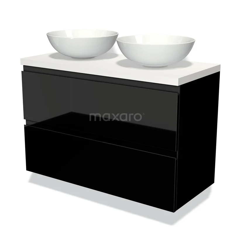 Badmöbel für Aufsatzwaschbecken 100cm Modulo Plato Hochglanz Schwarz 2 Schubladen Grifflos Matt Weiß Platte BMK17-01010 Schwarze Badmöbel mit Hochglanzoberfläche und doppeltem weißen Waschbecken, ideal für moderne Badezimmerinterieurs.