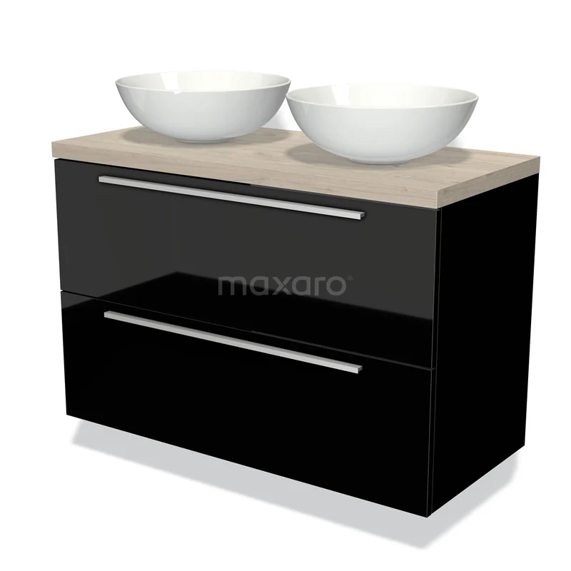 Zwarte badkamermeubel met houtlook blad, twee ronde witte wastafels en moderne zilverkleurige handgrepen.