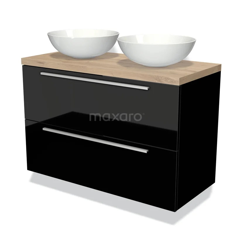 Zwarte badkamermeubelset met houtlook blad en dubbele witte waskommen, modern design met strakke lijnen.