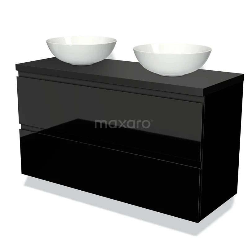 Waschtischunterschrank mit Konsole 120cm Modulo Plato Hochglanz Schwarz 2 Schubladen Grifflos Matt Schwarz Platte BMK17-01040 Schwarzes schwebendes Badezimmermöbelset mit zwei weißen Aufsatzwaschbecken, Hochglanz-Oberfläche und modernem Design.