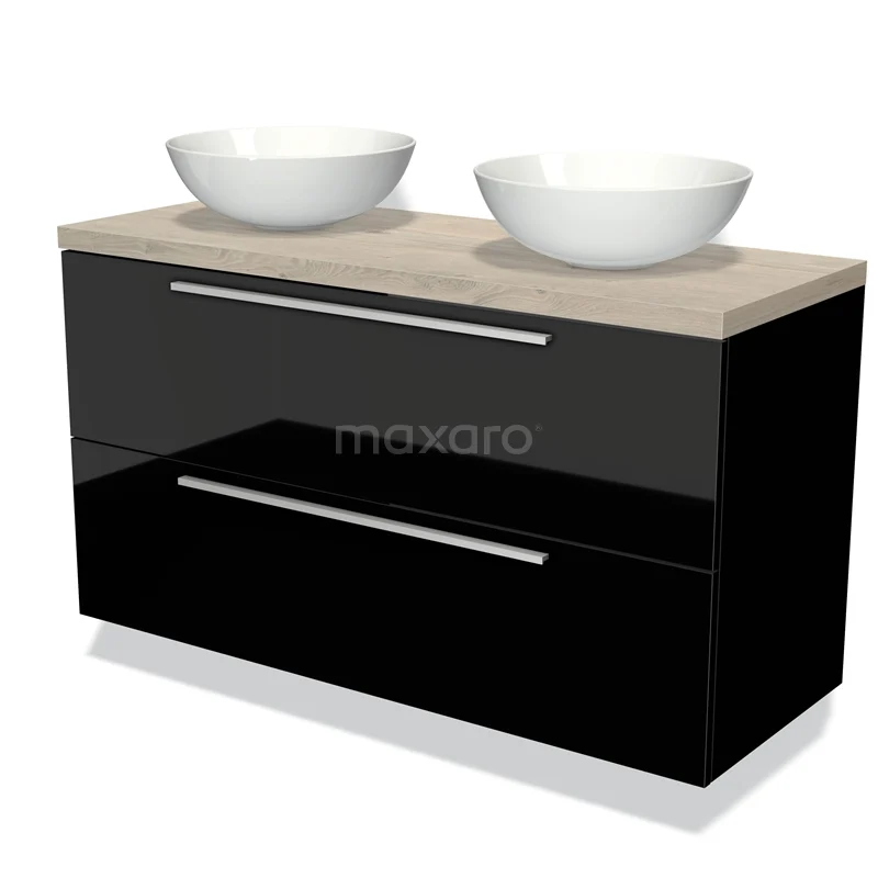 Zwart badkamermeubel met houtlook blad, twee witte waskommen en zilverkleurige handgrepen, modern en stijlvol ontwerp.