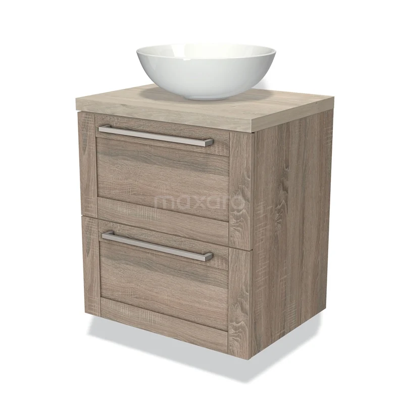 Compact badkamermeubel in houtlook met twee lades en witte waskom, ideaal voor moderne en stijlvolle badkamers.