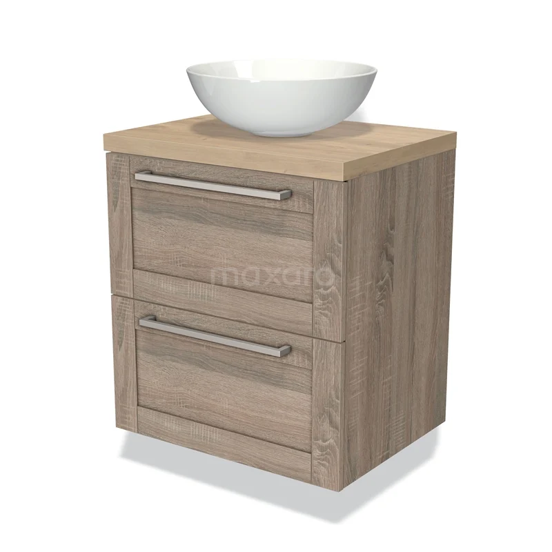 Houten badkamermeubel met twee lades en een witte komvormige wastafel, ideaal voor moderne badkamerinrichtingen.
