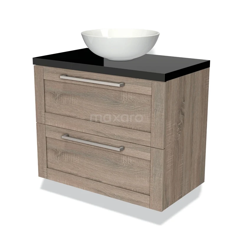 Houten badkamermeubel met twee lades, zwarte bovenblad en witte wastafel; modern design, ideaal voor badkameropslag.