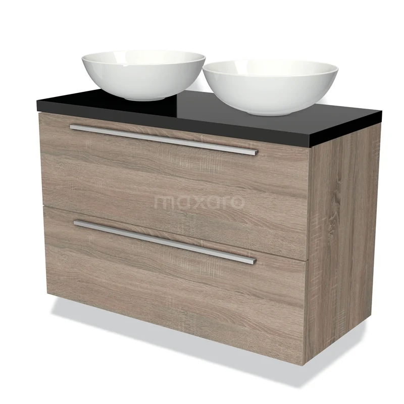 Eikenhouten badkamermeubel met zwarte bovenblad en twee witte waskommen, ideaal voor een moderne badkamer.