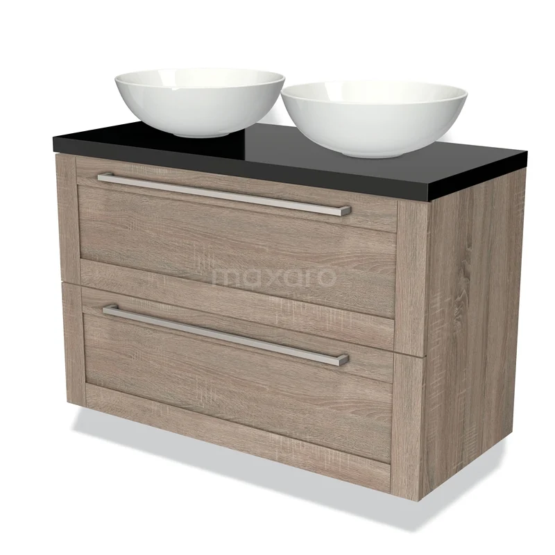 Badmöbel für Waschtischunterschrank mit Konsole 100cm Modulo Plato Eiche 2 Schubladen Rahmen Hochglanz Schwarz Platte BMK17-01140 Modernes Badezimmermöbel in Holzoptik mit schwarzer Platte, doppelten weißen Aufsatzwaschbecken und metallischen Haltegriffen.