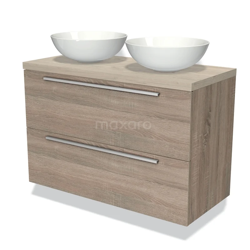 Badmöbel für Aufsatzwaschbecken 100cm Modulo Plato Eiche 2 Schubladen Flach hellgraue Eiche Platte BMK17-01141 Holz Badezimmermöbel mit zwei weißen Aufsatzwaschbecken, modernes Design und chromfarbene Haltegriffe, ideal für ein stilvolles Badezimmer.