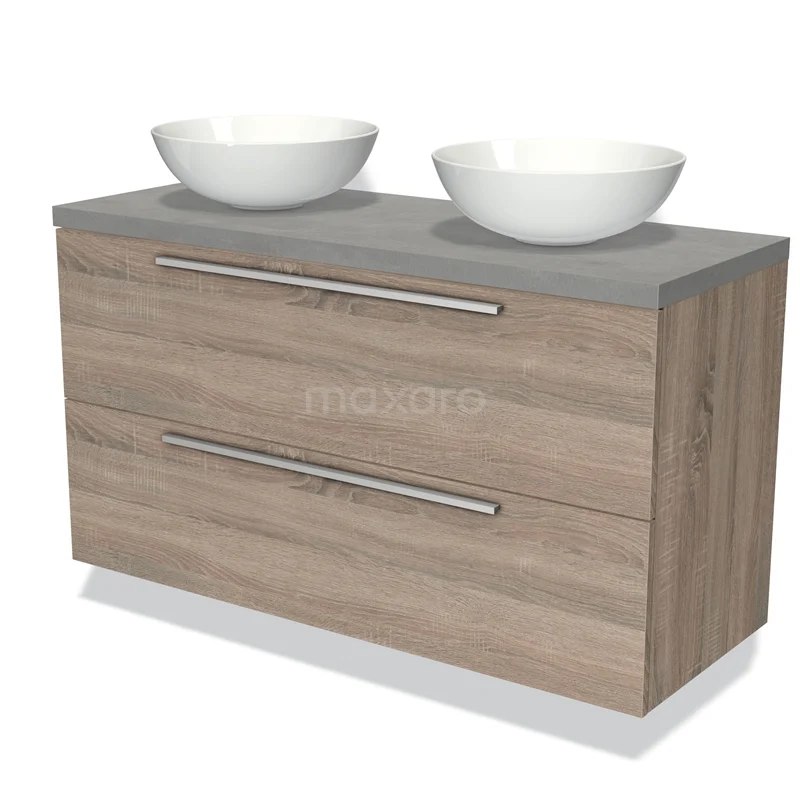 Houten badkamermeubel met twee witte opzetwastafels, grijs blad en moderne lades, ideaal voor een stijlvolle badkamer.