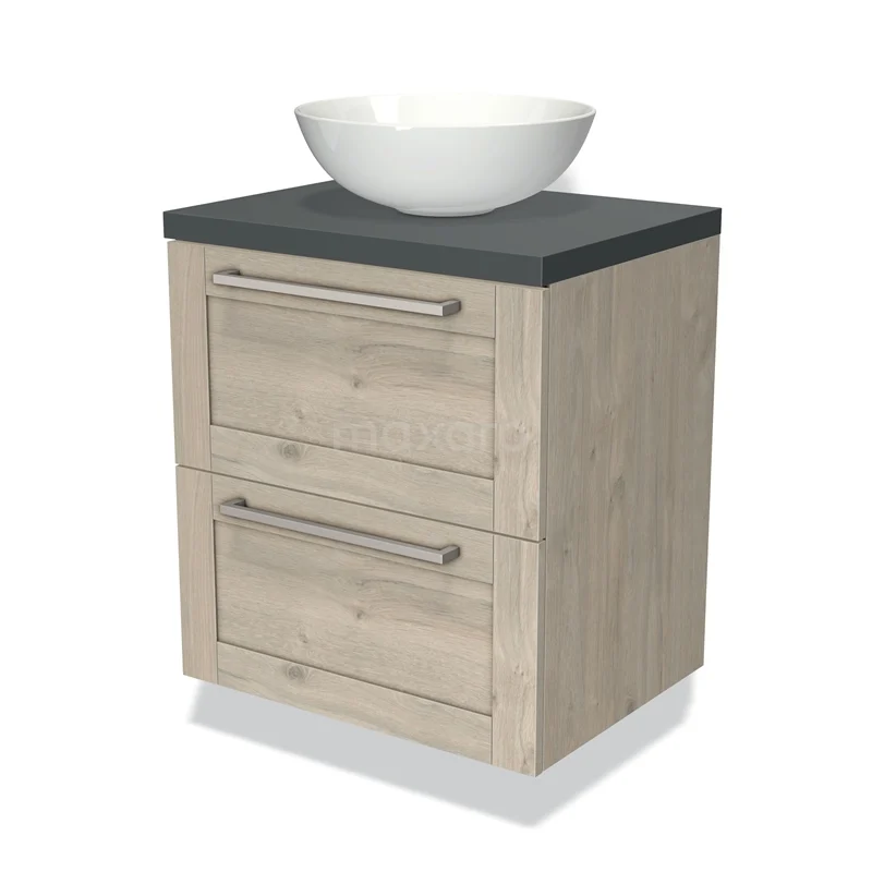 Houten badkamermeubel met natuurstenen blad, witte waskom en twee lades, geschikt voor moderne badkamerinrichting.
