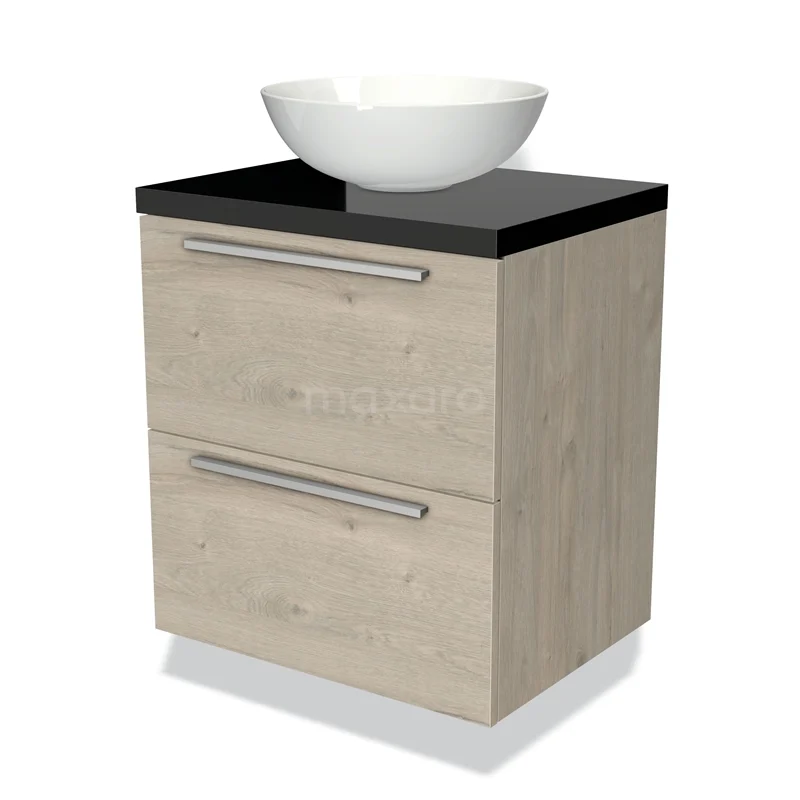 Houten badkamermeubel met twee lades, zwart blad en witte keramische opzetwastafel, modern en compact design.