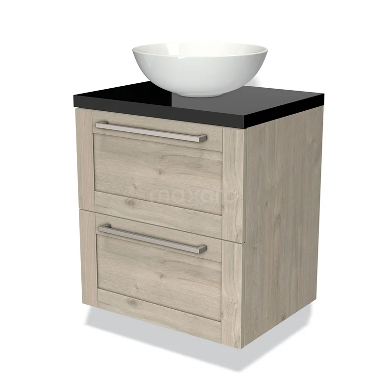 Houten wastafelmeubel met twee lades, zwarte top en witte waskom; stijlvol badkamerdesign en praktisch opbergruimte.