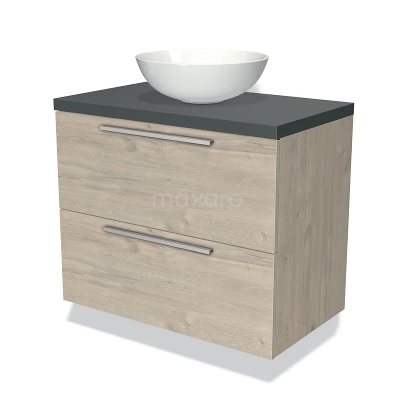 Houten badkamermeubel met grijs blad, twee lades en een witte ronde waskom, ideaal voor een moderne badkamerstijl.