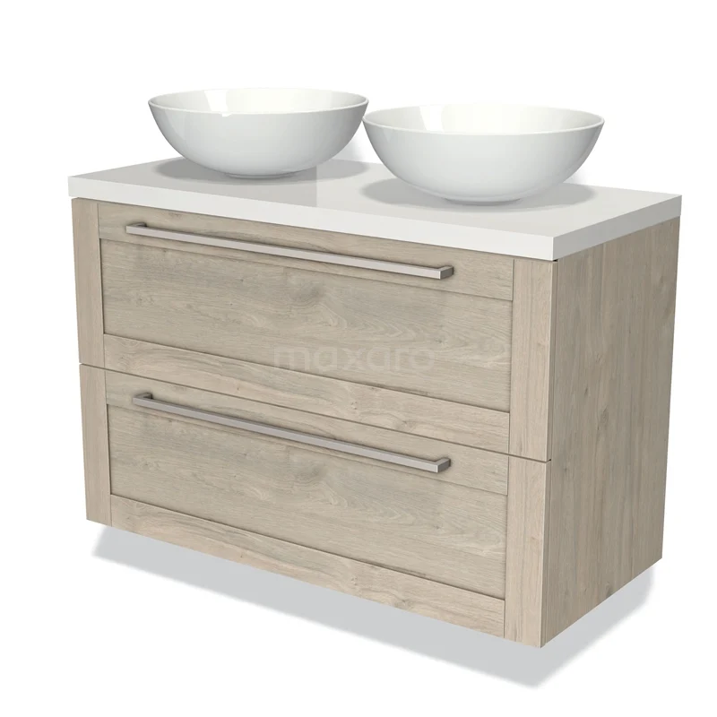 Houten badkamermeubel met dubbele witte waskommen, twee lades en een modern design, ideaal voor een stijlvolle badkamer.