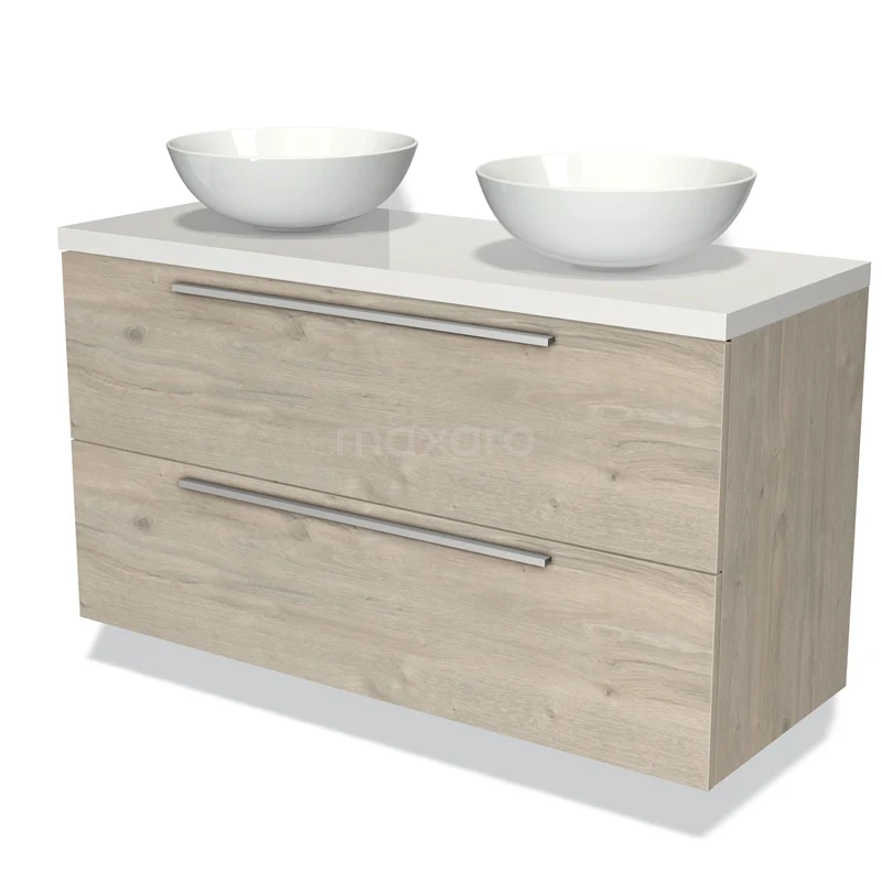 Houten badkamermeubel met dubbele witte waskommen, moderne aluminium handgrepen, ideaal voor een stijlvolle badkamer.