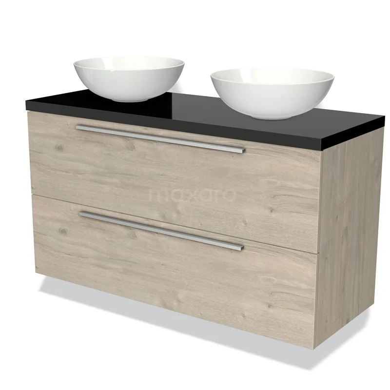 Badmöbel für Aufsatzwaschbecken 120cm Modulo Plato Hellgraue Eiche 2 Schubladen Flach Hochglanz Schwarz Platte BMK17-01269 Holz-Badmöbel mit heller Eiche-Oberfläche, schwarzer Steinplatte und zwei weißen Aufsatzwaschbecken, perfekt für einen modernen Badezimmerstil.