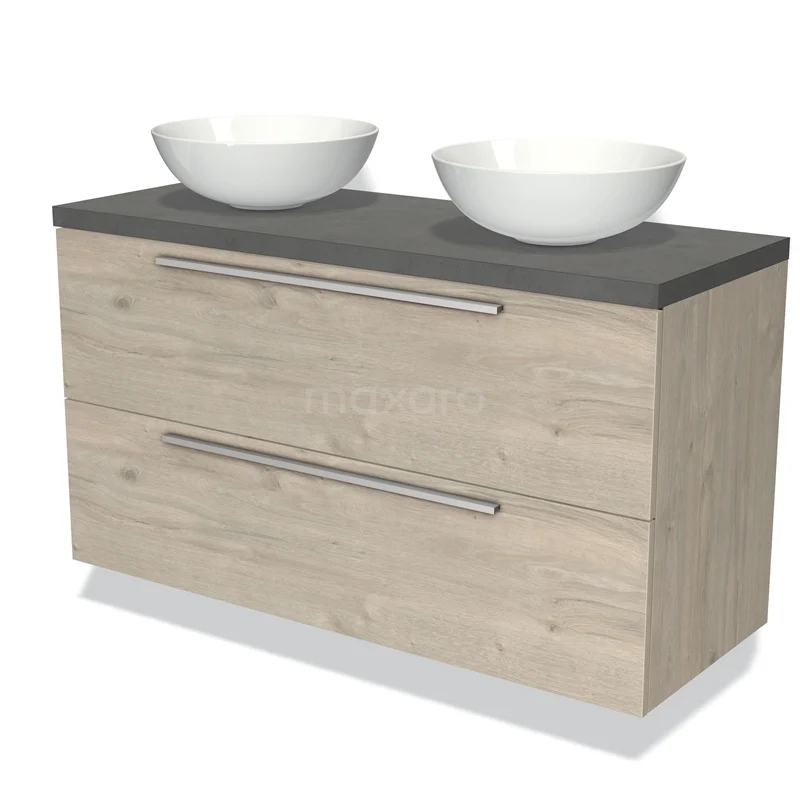 Badmöbel für Aufsatzwaschbecken 120cm Modulo Plato Hellgraue Eiche 2 Schubladen Flach Dunkelgrauer Beton Platte BMK17-01283 Holz-Badmöbel mit Beton-Platte, zwei weißen Aufsatzwaschbecken und geräumigen Schubladen, ideal für einen modernen Badezimmer-Stil.