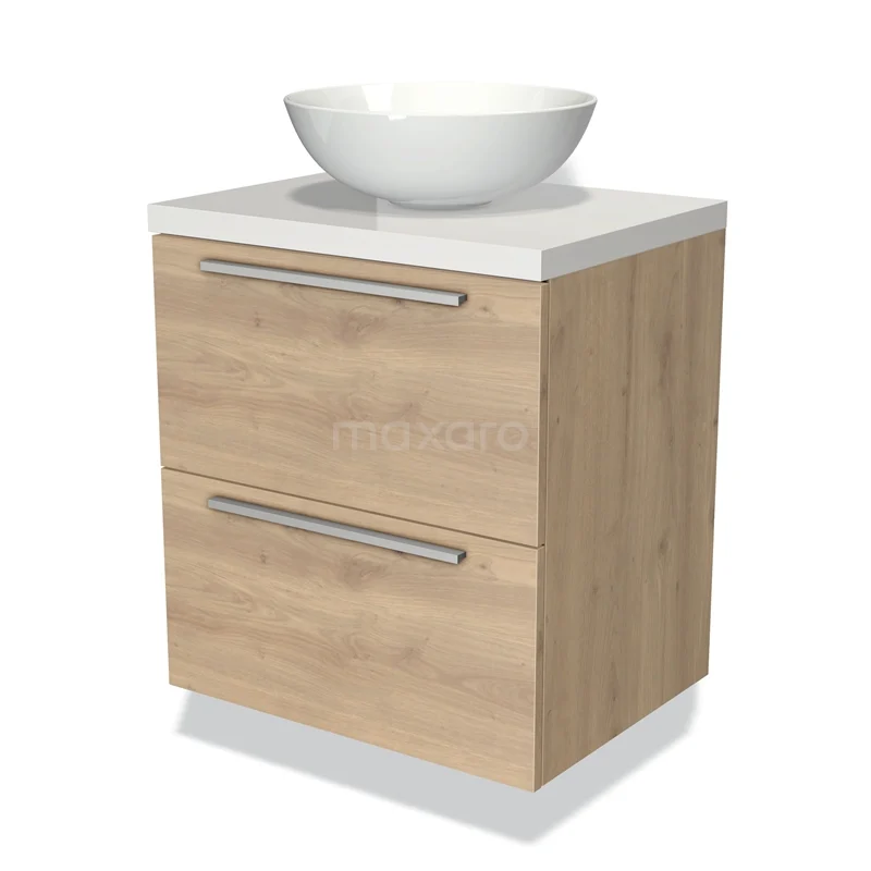 Houten badkamermeubel met witte opzetwaskom, twee lades en moderne handgrepen, compact ontwerp voor stijlvolle badkamerinrichting.