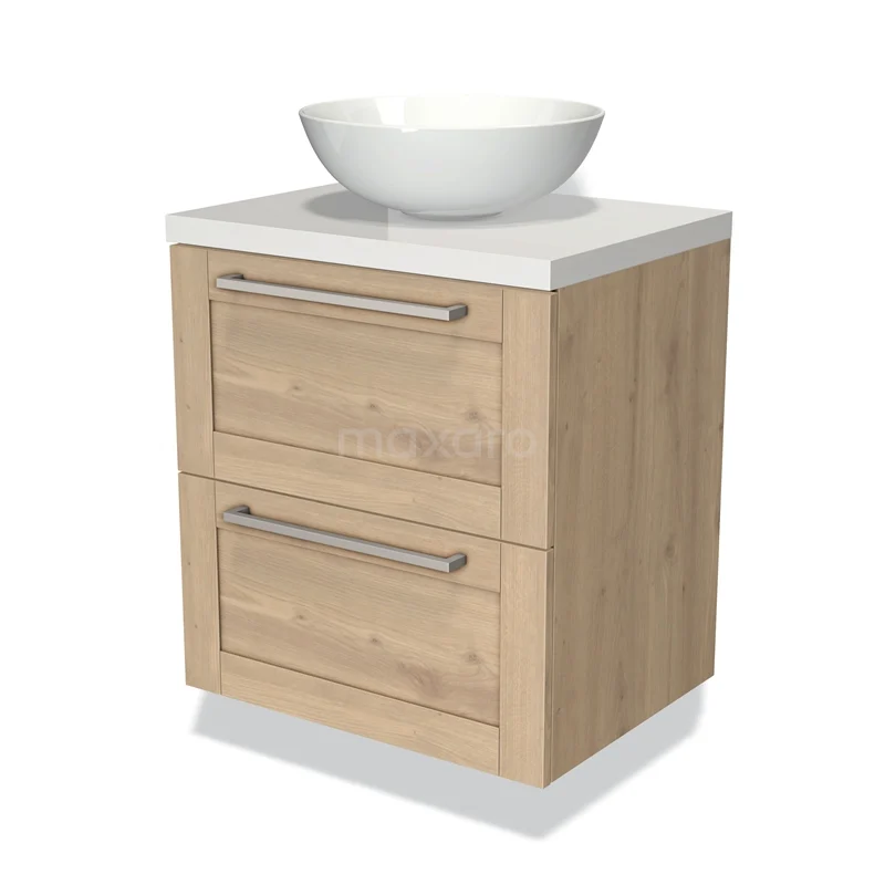 Houten badkamerkast met 2 lades en een witte opbouw wastafel, modern design met stevige metalen handgrepen.