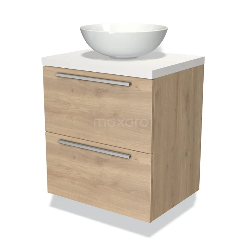 Badmöbel für Waschtischunterschrank mit Konsole 60cm Modulo Plato Hellbraune Eiche 2 Schubladen Flach Matt Weiß Platte BMK17-01291 Holz Badezimmermöbel mit weißem Aufsatzwaschbecken, zwei Schubladen und modernem Design, ideal für ein stilvolles und funktionales Badezimmer.