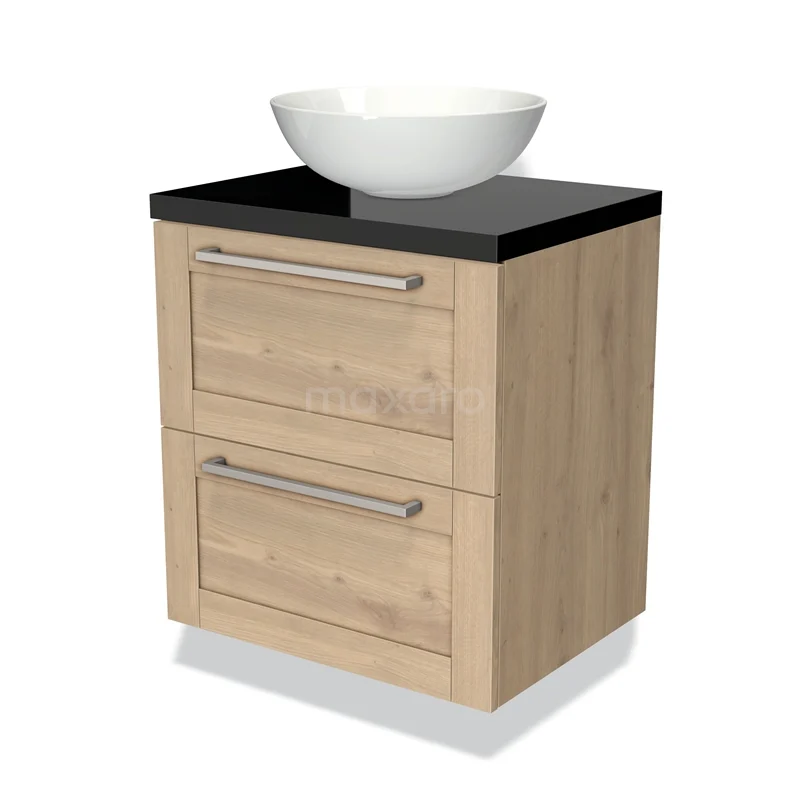 Badmöbel für Aufsatzwaschbecken 60cm Modulo Plato Hellbraune Eiche 2 Schubladen Rahmen Hochglanz Schwarz Platte BMK17-01296 Holz Badezimmermöbel mit weißem runden Aufsatzwaschbecken, schwarzer Oberplatte und zwei Schubladen; modernes Design für stilvolle Bäder.