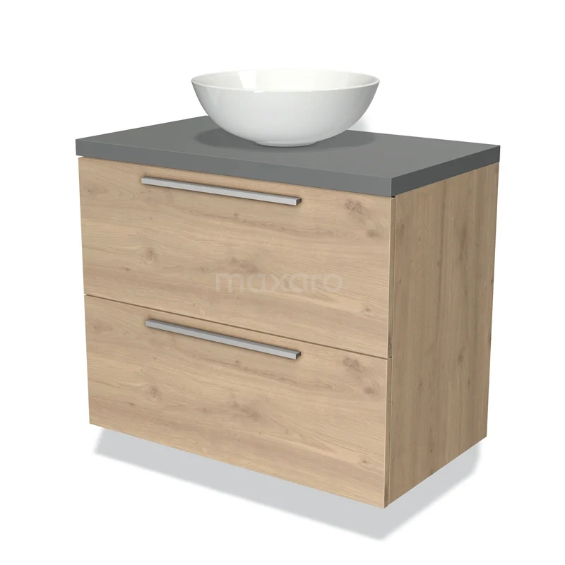 Eikenhouten badkamermeubel met grijs blad, twee lades en witte opzetwastafel, ideaal voor een moderne uitstraling.