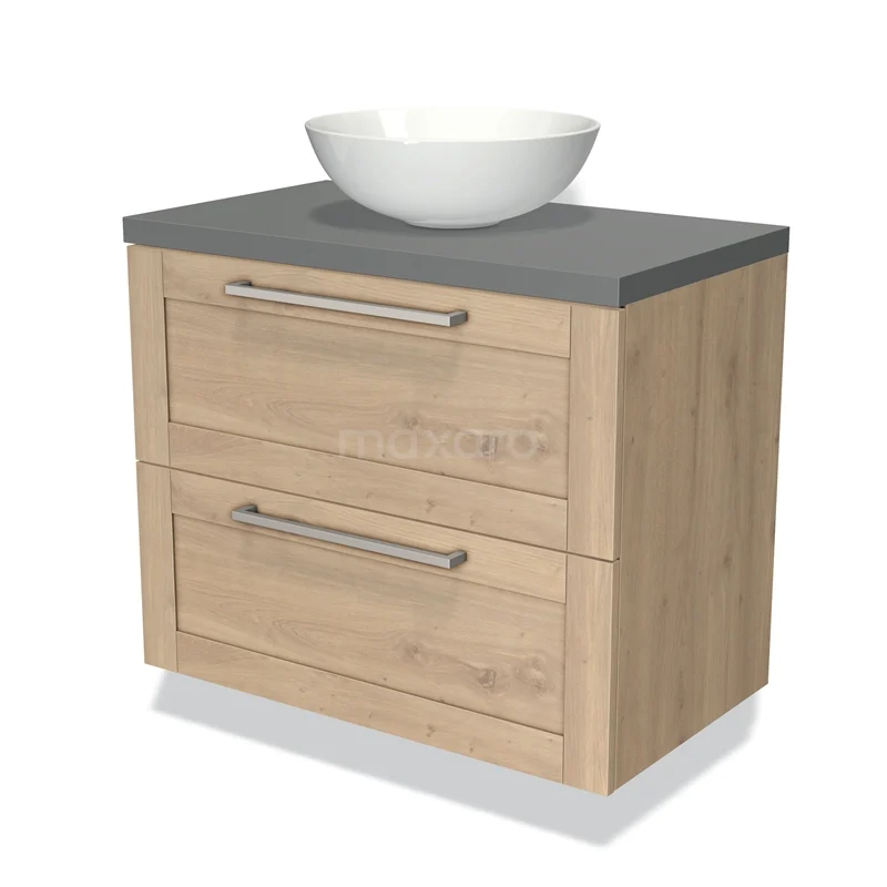 Houten badkamermeubel met grijze bovenblad en witte komvormige wastafel, voorzien van twee lades en metalen grepen.