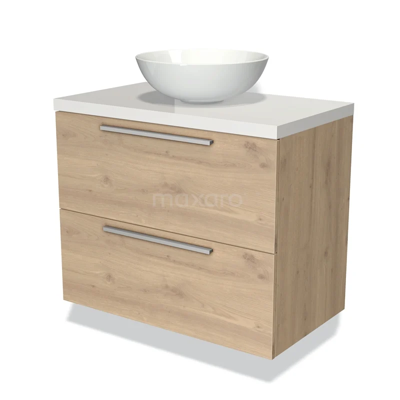 Houten badkamermeubel met ladeblok, moderne waskom en RVS grepen, ideaal voor een stijlvolle en praktische badkamer.