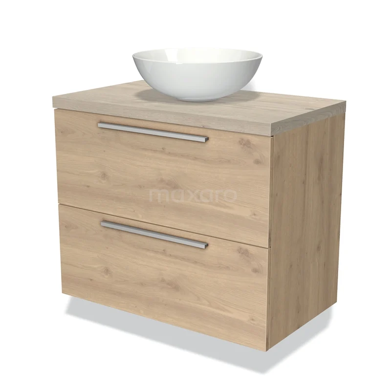 Badmöbel für Waschtischunterschrank mit Konsole 80cm Modulo Plato hellbraune Eiche 2 Schubladen Flach hellgraue Eiche Platte BMK17-01325 Holz Badezimmermöbel mit 2 Schubladen und einem weißen Aufsatzwaschbecken, modernes Design, ideal für ein stilvolles und organisiertes Badezimmer.