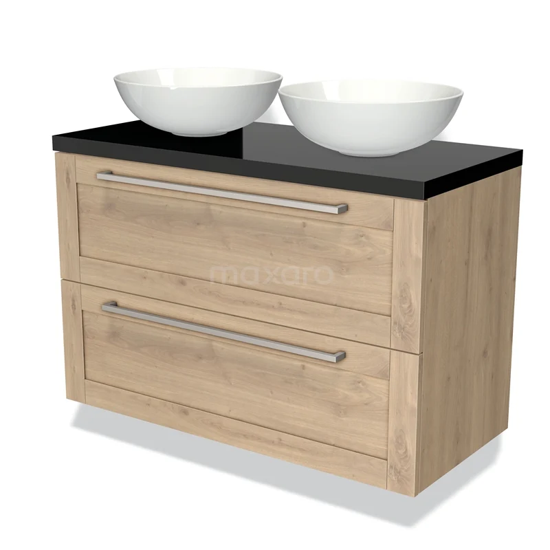 Eikenhouten wastafelmeubel met twee ronde waskommen, zwart blad en metalen grepen, perfect voor een moderne badkamer.