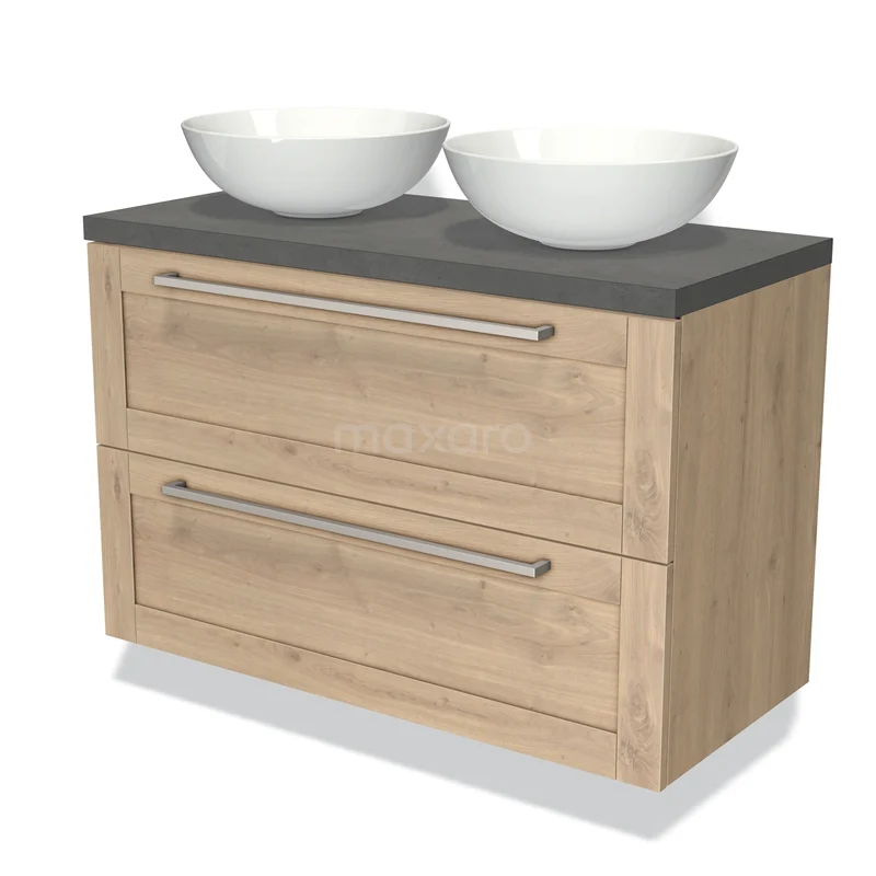 Badmöbel für Aufsatzwaschbecken 100cm Modulo Plato Hellbraune Eiche 2 Schubladen Rahmen Dunkelgrauer Beton Platte BMK17-01362 Hölzernes Badezimmermöbel mit zwei weißen Aufsatzwaschbecken, grauer Platte und modernen Metallhaltegriffen, ideal für ein stilvolles Badezimmer.